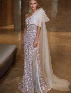 Mermaid / Trumpet Prom Dresses Elegant Dress Formal Wedding Sweep / Brush Train Sleeveless One Shoulder Tulle with Feather Glitter