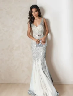 Mermaid / Trumpet Prom Dresses Elegant Dress Formal Wedding Floor Length Sleeveless V Neck Sequined with Glitter Tassel