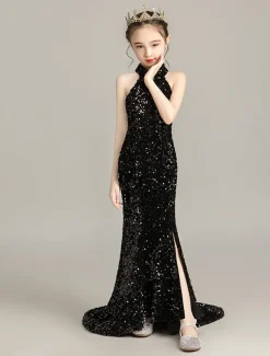 Mermaid / Trumpet Sweep / Brush Train Flower Girl Dress Pageant & Performance Little Mermaid Ariel Juniors Cute Prom Dress Sequined with Split Front Sparkle & Shine Fit 3-16 Years