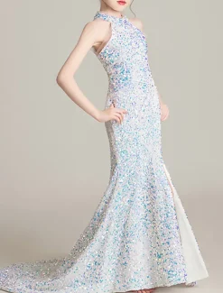 Mermaid / Trumpet Sweep / Brush Train Flower Girl Dress Pageant & Performance Little Mermaid Ariel Juniors Cute Prom Dress Sequined with Split Front Sparkle & Shine Fit 3-16 Years