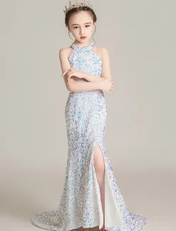 Mermaid / Trumpet Sweep / Brush Train Flower Girl Dress Pageant & Performance Little Mermaid Ariel Juniors Cute Prom Dress Sequined with Split Front Sparkle & Shine Fit 3-16 Years