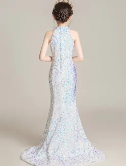 Mermaid / Trumpet Sweep / Brush Train Flower Girl Dress Pageant & Performance Little Mermaid Ariel Juniors Cute Prom Dress Sequined with Split Front Sparkle & Shine Fit 3-16 Years