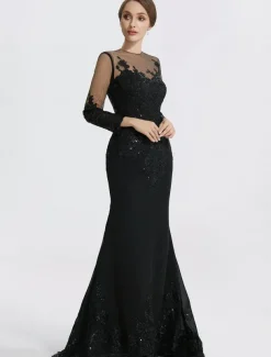 Mermaid Black Dress Evening Gown Sequin Prom Dress Sparkle Formal Gown Sweep / Brush Train Long Sleeve Illusion Neck Lace with Appliques dress to impress