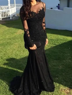 Mermaid Black Dress Evening Gown Sequin Prom Dress Sparkle Formal Gown Sweep / Brush Train Long Sleeve Illusion Neck Lace with Appliques dress to impress