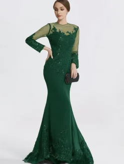 Mermaid Black Dress Evening Gown Sequin Prom Dress Sparkle Formal Gown Sweep / Brush Train Long Sleeve Illusion Neck Lace with Appliques dress to impress