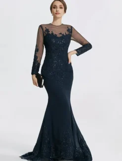 Mermaid Black Dress Evening Gown Sequin Prom Dress Sparkle Formal Gown Sweep / Brush Train Long Sleeve Illusion Neck Lace with Appliques dress to impress
