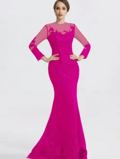 Mermaid Black Dress Evening Gown Sequin Prom Dress Sparkle Formal Gown Sweep / Brush Train Long Sleeve Illusion Neck Lace with Appliques dress to impress