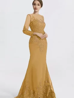 Mermaid Black Dress Evening Gown Sequin Prom Dress Sparkle Formal Gown Sweep / Brush Train Long Sleeve Illusion Neck Lace with Appliques dress to impress