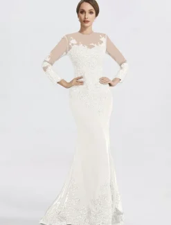 Mermaid Black Dress Evening Gown Sequin Prom Dress Sparkle Formal Gown Sweep / Brush Train Long Sleeve Illusion Neck Lace with Appliques dress to impress