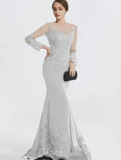 Mermaid Black Dress Evening Gown Sequin Prom Dress Sparkle Formal Gown Sweep / Brush Train Long Sleeve Illusion Neck Lace with Appliques dress to impress