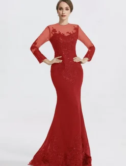 Mermaid Black Dress Evening Gown Sequin Prom Dress Sparkle Formal Gown Sweep / Brush Train Long Sleeve Illusion Neck Lace with Appliques dress to impress