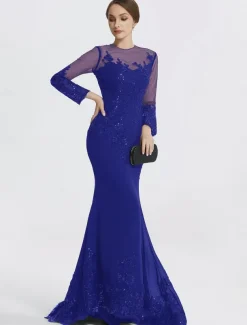 Mermaid Black Dress Evening Gown Sequin Prom Dress Sparkle Formal Gown Sweep / Brush Train Long Sleeve Illusion Neck Lace with Appliques dress to impress