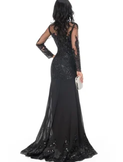 Mermaid Black Dress Evening Gown Sequin Prom Dress Sparkle Formal Gown Sweep / Brush Train Long Sleeve Illusion Neck Lace with Appliques dress to impress
