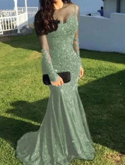 Mermaid Black Dress Evening Gown Sequin Prom Dress Sparkle Formal Gown Sweep / Brush Train Long Sleeve Illusion Neck Lace with Appliques dress to impress