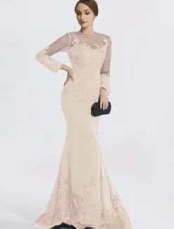 Mermaid Black Dress Evening Gown Sequin Prom Dress Sparkle Formal Gown Sweep / Brush Train Long Sleeve Illusion Neck Lace with Appliques dress to impress