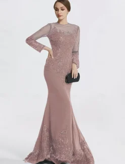 Mermaid Black Dress Evening Gown Sequin Prom Dress Sparkle Formal Gown Sweep / Brush Train Long Sleeve Illusion Neck Lace with Appliques dress to impress