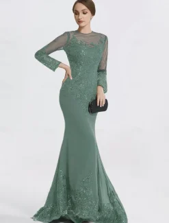 Mermaid Black Dress Evening Gown Sequin Prom Dress Sparkle Formal Gown Sweep / Brush Train Long Sleeve Illusion Neck Lace with Appliques dress to impress