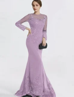 Mermaid Black Dress Evening Gown Sequin Prom Dress Sparkle Formal Gown Sweep / Brush Train Long Sleeve Illusion Neck Lace with Appliques dress to impress