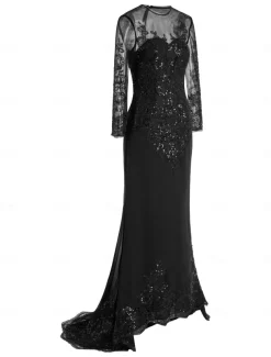 Mermaid Black Dress Evening Gown Sequin Prom Dress Sparkle Formal Gown Sweep / Brush Train Long Sleeve Illusion Neck Lace with Appliques dress to impress