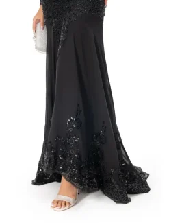 Mermaid Black Dress Evening Gown Sequin Prom Dress Sparkle Formal Gown Sweep / Brush Train Long Sleeve Illusion Neck Lace with Appliques dress to impress