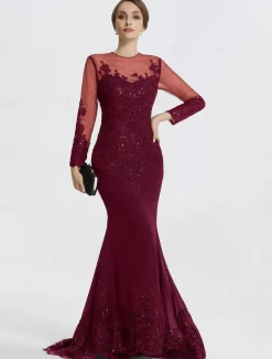 Mermaid Black Dress Evening Gown Sequin Prom Dress Sparkle Formal Gown Sweep / Brush Train Long Sleeve Illusion Neck Lace with Appliques dress to impress