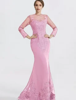 Mermaid Black Dress Evening Gown Sequin Prom Dress Sparkle Formal Gown Sweep / Brush Train Long Sleeve Illusion Neck Lace with Appliques dress to impress