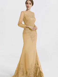 Mermaid Black Dress Evening Gown Sequin Prom Dress Sparkle Formal Gown Sweep / Brush Train Long Sleeve Illusion Neck Lace with Appliques dress to impress