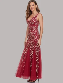 Mermaid Evening Gown Elegant Dress Beach Wedding Valentine's Day Wedding Guest Floor Length Sleeveless V Neck Tulle V Back with Embroidery dress to impress