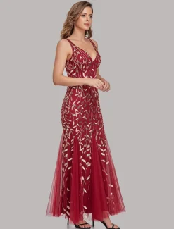 Mermaid Evening Gown Elegant Dress Beach Wedding Valentine's Day Wedding Guest Floor Length Sleeveless V Neck Tulle V Back with Embroidery dress to impress