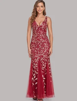 Mermaid Evening Gown Elegant Dress Beach Wedding Valentine's Day Wedding Guest Floor Length Sleeveless V Neck Tulle V Back with Embroidery dress to impress