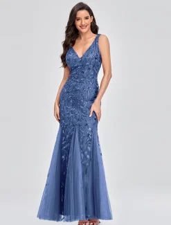 Mermaid Evening Gown Elegant Dress Beach Wedding Valentine's Day Wedding Guest Floor Length Sleeveless V Neck Tulle V Back with Embroidery dress to impress