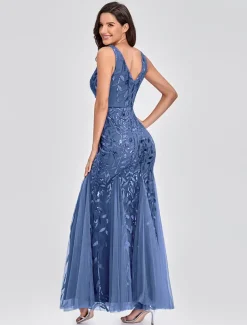 Mermaid Evening Gown Elegant Dress Beach Wedding Valentine's Day Wedding Guest Floor Length Sleeveless V Neck Tulle V Back with Embroidery dress to impress