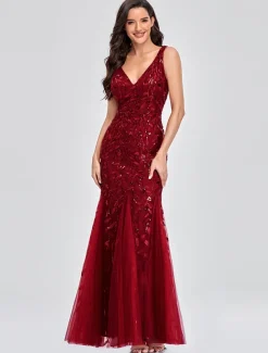 Mermaid Evening Gown Elegant Dress Beach Wedding Valentine's Day Wedding Guest Floor Length Sleeveless V Neck Tulle V Back with Embroidery dress to impress