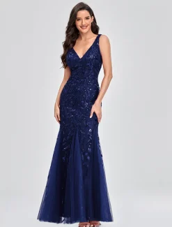 Mermaid Evening Gown Elegant Dress Beach Wedding Valentine's Day Wedding Guest Floor Length Sleeveless V Neck Tulle V Back with Embroidery dress to impress