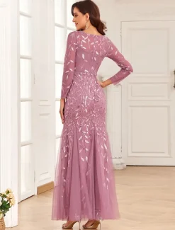 Mermaid Evening Gown Sequin Elegant Dress Wedding Guest Prom Floor Length Long Sleeve Jewel Neck Tulle with Embroidery dress to impress