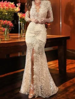 Mermaid Evening Gown Sexy Dress Formal Wedding Guest Sweep / Brush Train Long Sleeve V Neck Fall Wedding Reception Lace with Slit Appliques Masquerade Dress