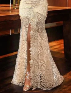 Mermaid Evening Gown Sexy Dress Formal Wedding Guest Sweep / Brush Train Long Sleeve V Neck Fall Wedding Reception Lace with Slit Appliques Masquerade Dress