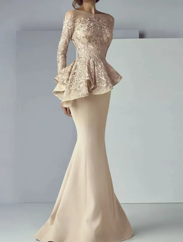 Mermaid Mother of the Bride Dress Formal Wedding Guest Elegant Scoop Neck Floor Length Lace Stretch Fabric Long Sleeve with Ruffles Appliques free custom size