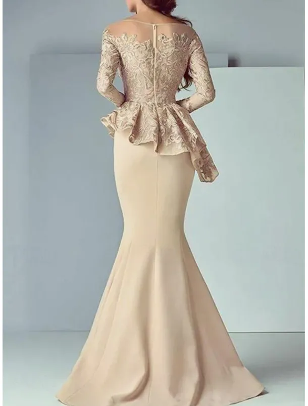 Mermaid Mother of the Bride Dress Formal Wedding Guest Elegant Scoop Neck Floor Length Lace Stretch Fabric Long Sleeve with Ruffles Appliques free custom size