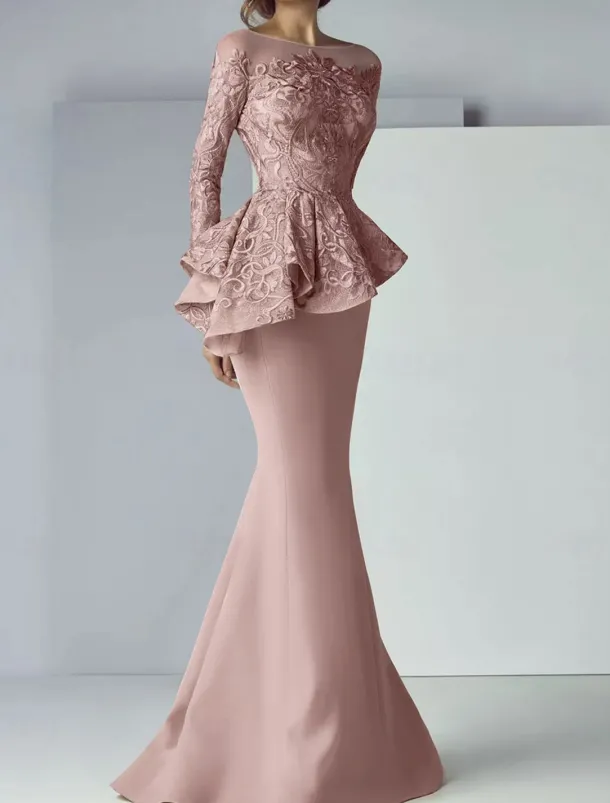 Mermaid Mother of the Bride Dress Formal Wedding Guest Elegant Scoop Neck Floor Length Lace Stretch Fabric Long Sleeve with Ruffles Appliques free custom size