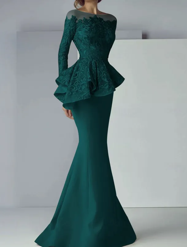 Mermaid Mother of the Bride Dress Formal Wedding Guest Elegant Scoop Neck Floor Length Lace Stretch Fabric Long Sleeve with Ruffles Appliques free custom size