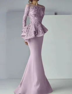 Mermaid Mother of the Bride Dress Formal Wedding Guest Elegant Scoop Neck Floor Length Lace Stretch Fabric Long Sleeve with Ruffles Appliques free custom size