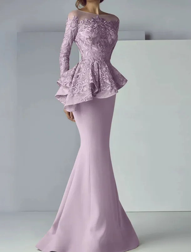 Mermaid Mother of the Bride Dress Formal Wedding Guest Elegant Scoop Neck Floor Length Lace Stretch Fabric Long Sleeve with Ruffles Appliques free custom size