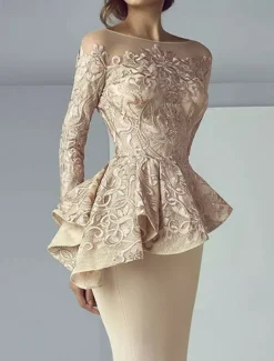 Mermaid Mother of the Bride Dress Formal Wedding Guest Elegant Scoop Neck Floor Length Lace Stretch Fabric Long Sleeve with Ruffles Appliques free custom size