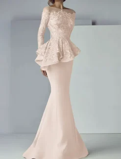 Mermaid Mother of the Bride Dress Formal Wedding Guest Elegant Scoop Neck Floor Length Lace Stretch Fabric Long Sleeve with Ruffles Appliques free custom size