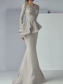 Mermaid Mother of the Bride Dress Formal Wedding Guest Elegant Scoop Neck Floor Length Lace Stretch Fabric Long Sleeve with Ruffles Appliques free custom size