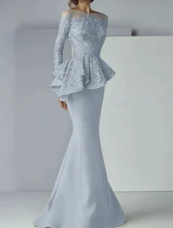 Mermaid Mother of the Bride Dress Formal Wedding Guest Elegant Scoop Neck Floor Length Lace Stretch Fabric Long Sleeve with Ruffles Appliques free custom size