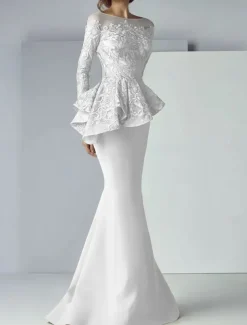 Mermaid Mother of the Bride Dress Formal Wedding Guest Elegant Scoop Neck Floor Length Lace Stretch Fabric Long Sleeve with Ruffles Appliques free custom size