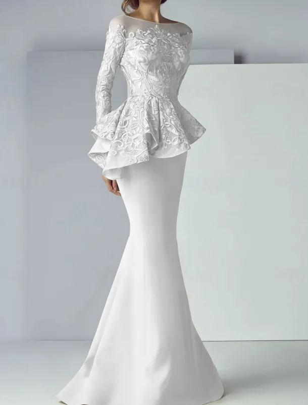 Mermaid Mother of the Bride Dress Formal Wedding Guest Elegant Scoop Neck Floor Length Lace Stretch Fabric Long Sleeve with Ruffles Appliques free custom size