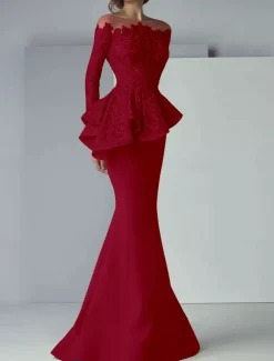 Mermaid Mother of the Bride Dress Formal Wedding Guest Elegant Scoop Neck Floor Length Lace Stretch Fabric Long Sleeve with Ruffles Appliques free custom size